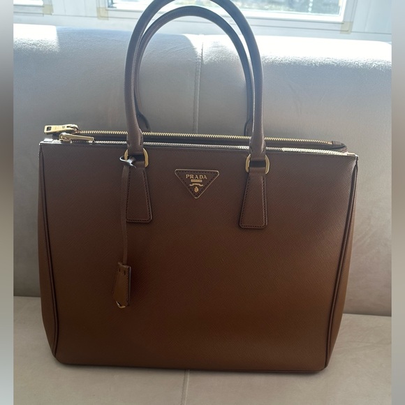 PRADA- PRADA Brown Saffiano Lux Leather Large Double Zip Tote. - Picture 3 of 9